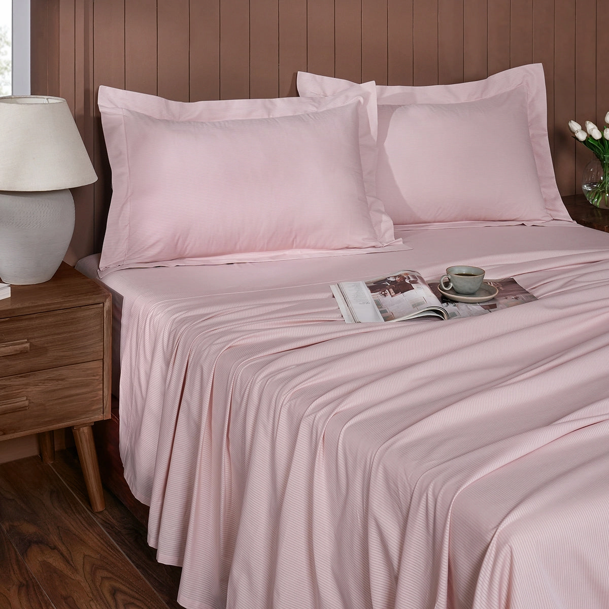 Aurelius Self Jacquard 100% Cotton Pink Bed Sheet with Pillow Case