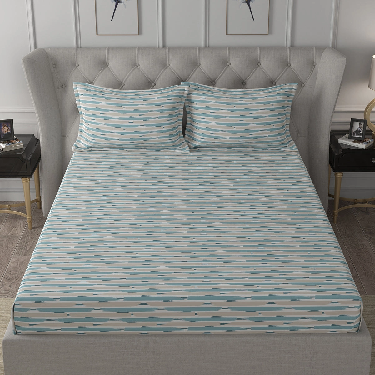 Backyard Patio Astra Printed 100%Cotton Teal Bed Sheet with Pillow Covers