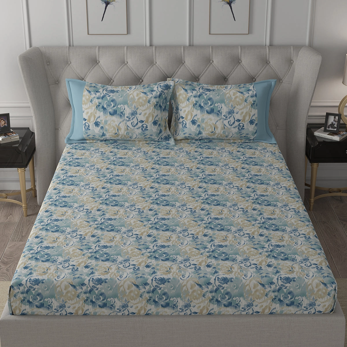 Backyard Patio Meridian Printed 100%Cotton Blue Bed Sheet with Pillow Case