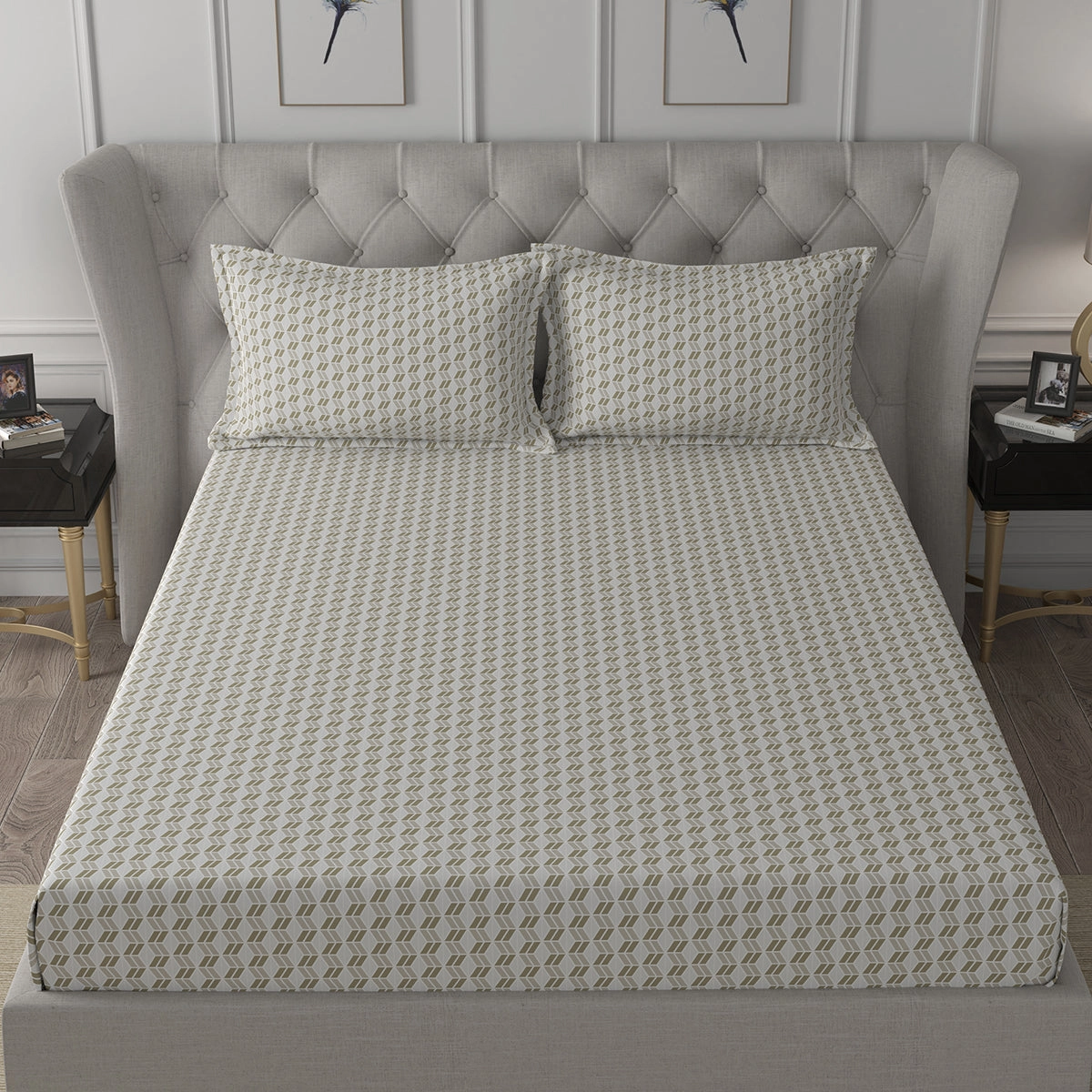 Backyard Patio Morris Printed 100%Cotton Beige Bed Sheet with Pillow Covers