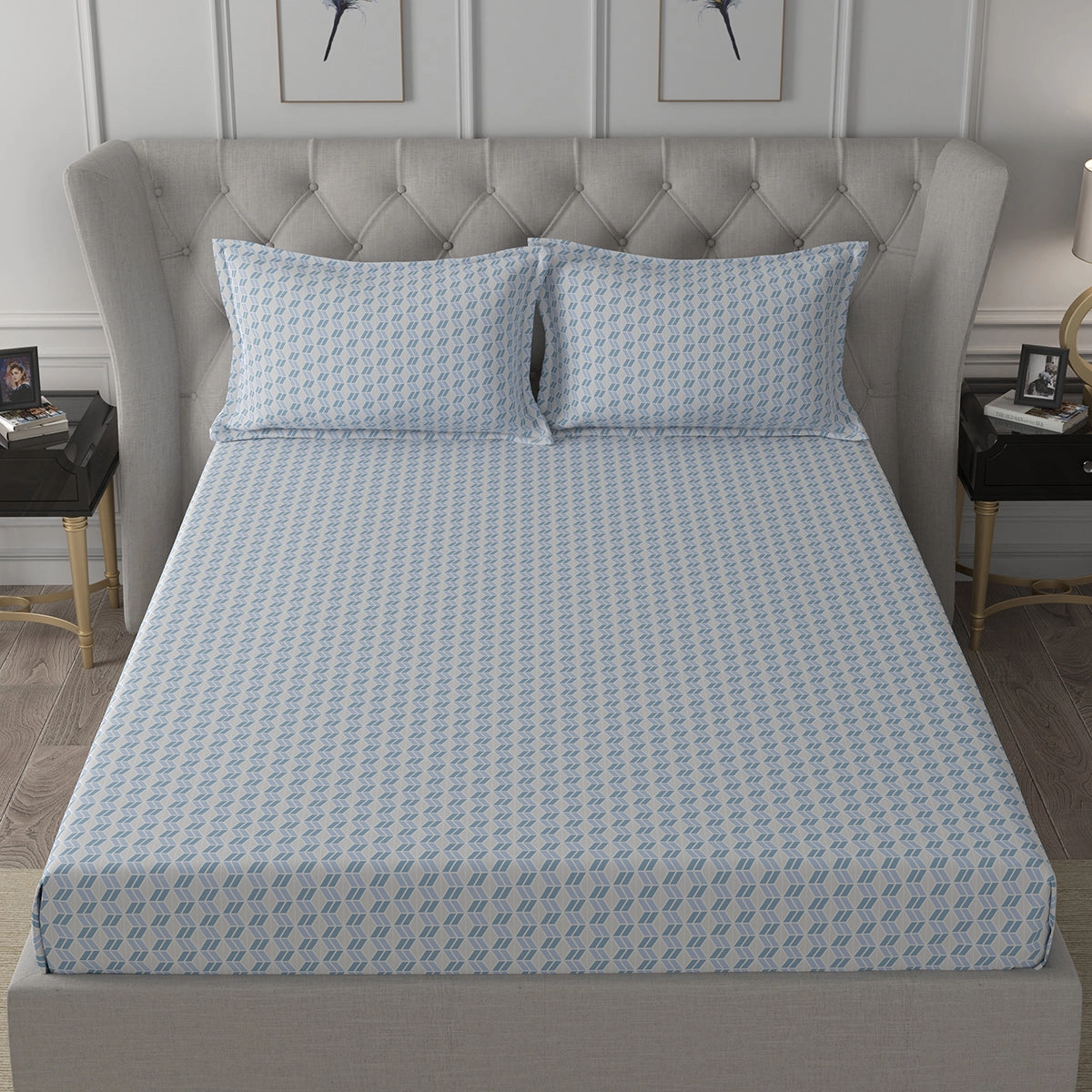 Backyard Patio Morris Printed 100%Cotton Blue Bed Sheet with Pillow Covers