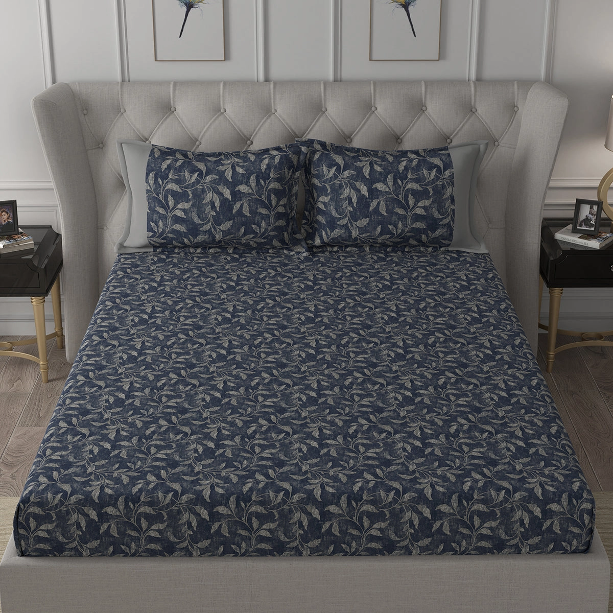 Backyard Patio Rustic Leaf Printed 100%Cotton Blue Bed Sheet with Pillow Covers