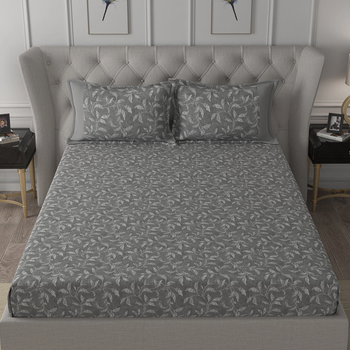 Backyard Patio Rustic Leaf Printed 100%Cotton Grey Bed Sheet with Pillow Covers