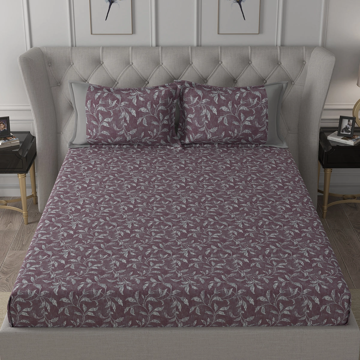 Backyard Patio Rustic Leaf Printed 100%Cotton Red Bed Sheet with Pillow Covers