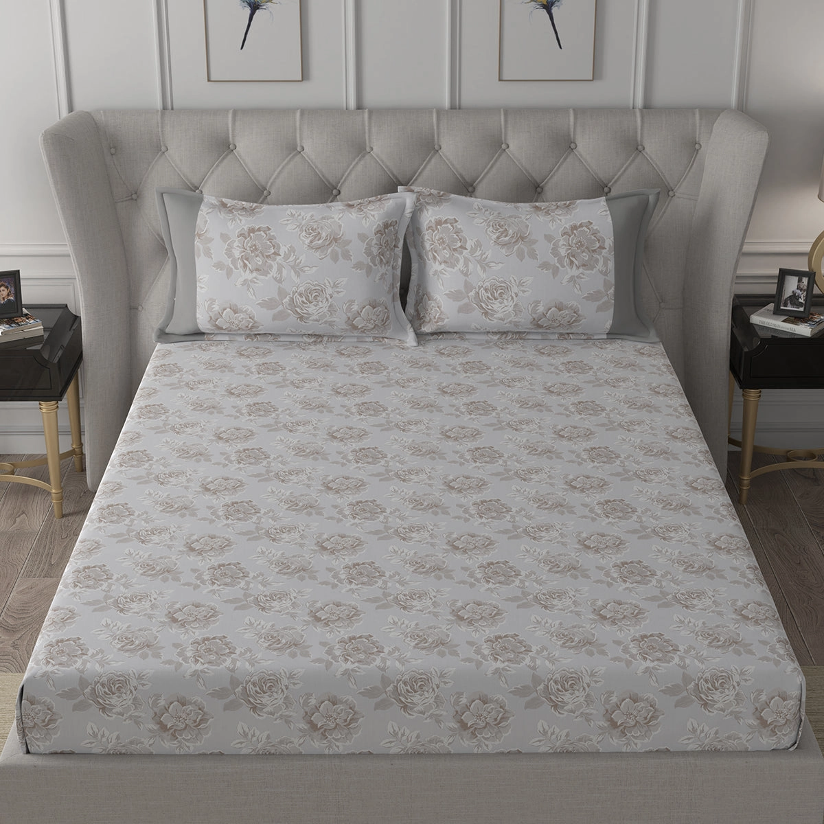 Backyard Patio Silvie Printed 100%Cotton Beige Bed Sheet with Pillow Case