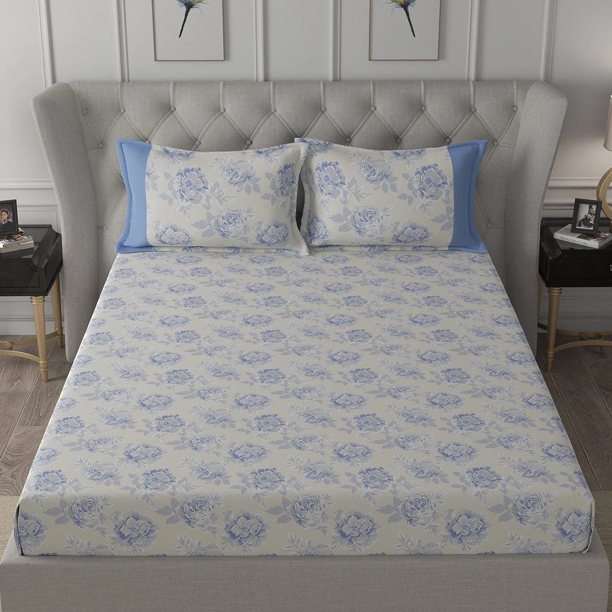 Backyard Patio Silvie Printed 100%Cotton Blue Bed Sheet with Pillow Case