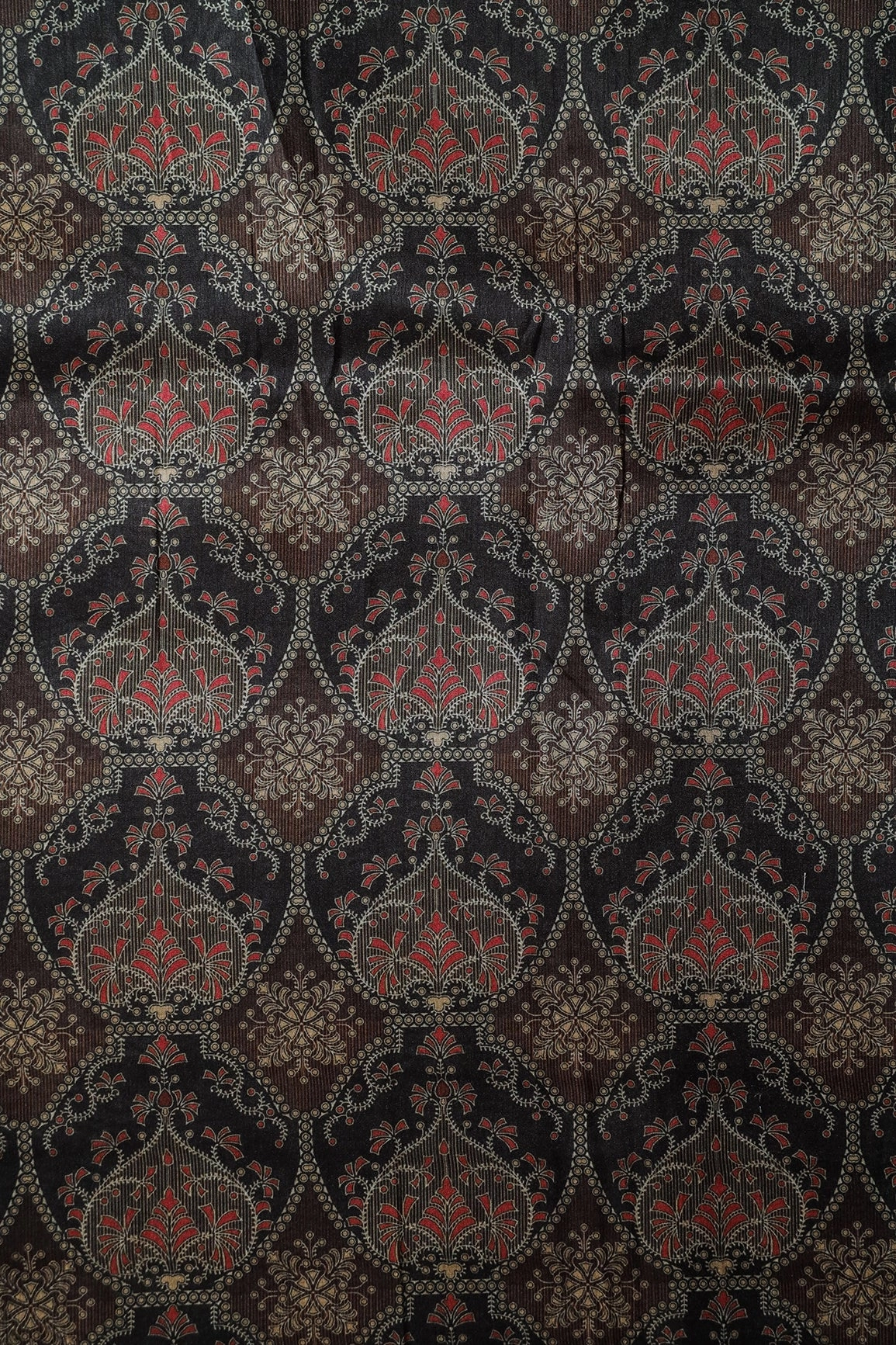 Black And Brown Traditional Pattern Digital Print On Mulberry Silk Fabric