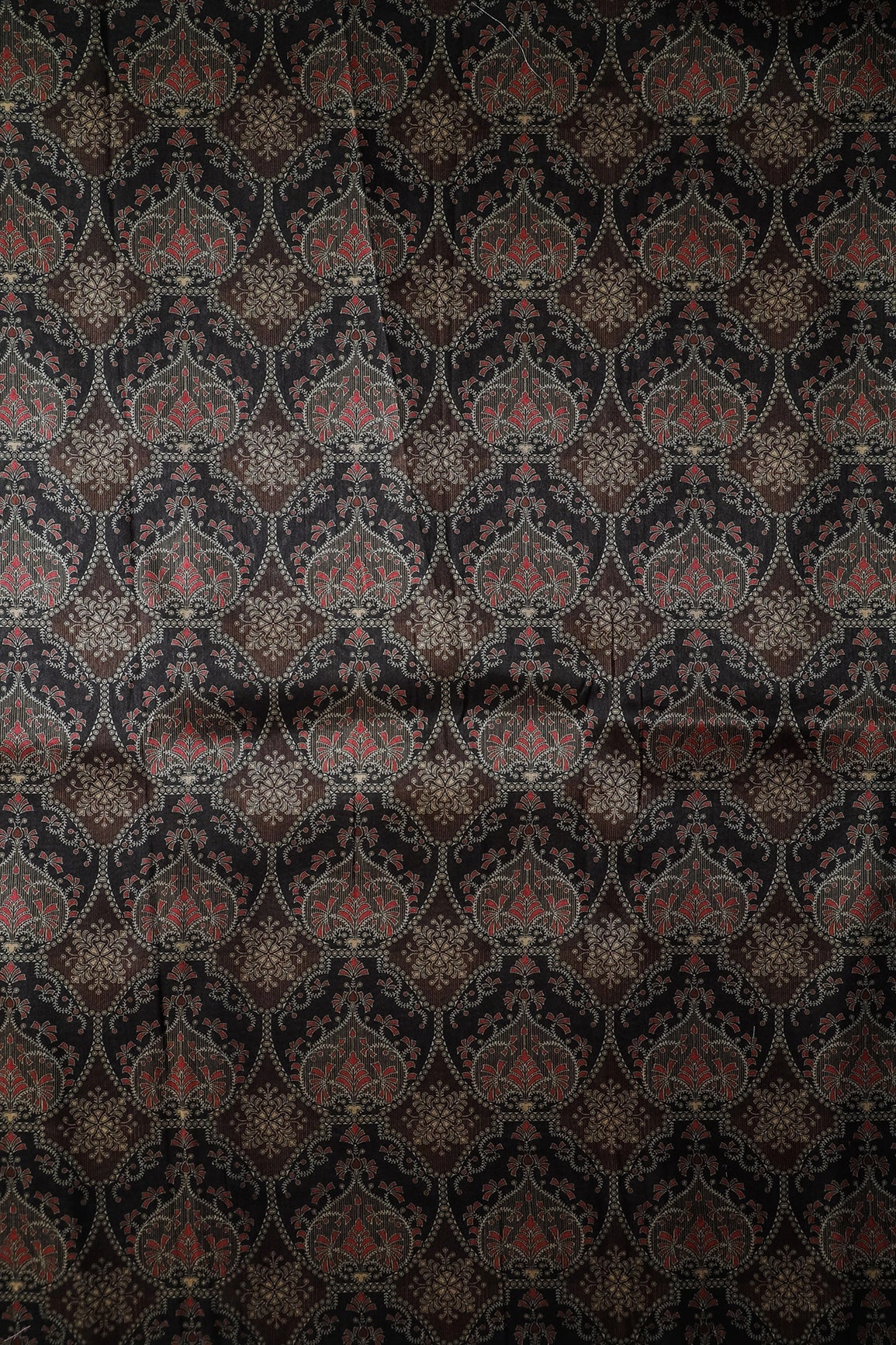 Black And Brown Traditional Pattern Digital Print On Mulberry Silk Fabric