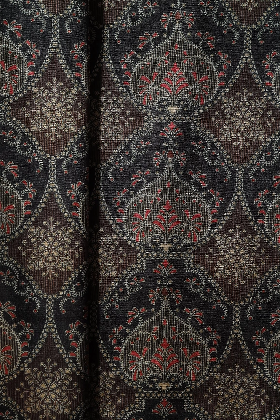 Black And Brown Traditional Pattern Digital Print On Mulberry Silk Fabric