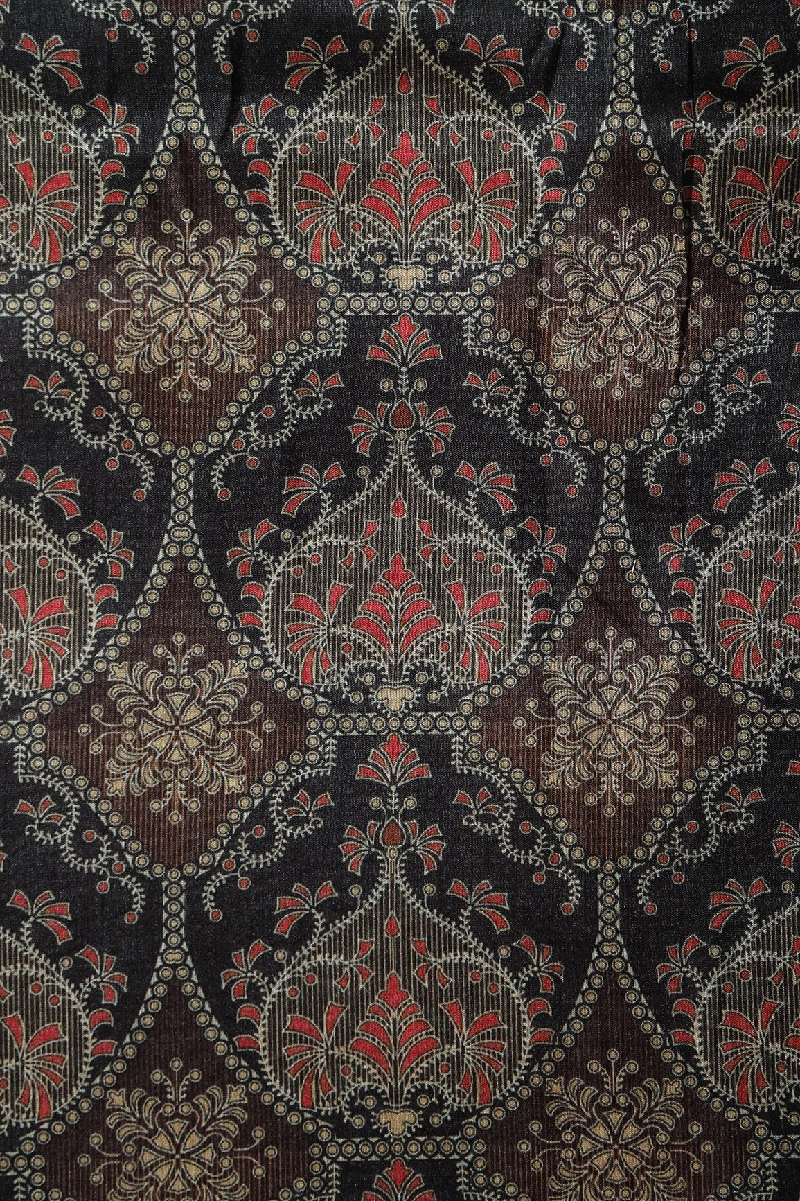 Black And Brown Traditional Pattern Digital Print On Mulberry Silk Fabric