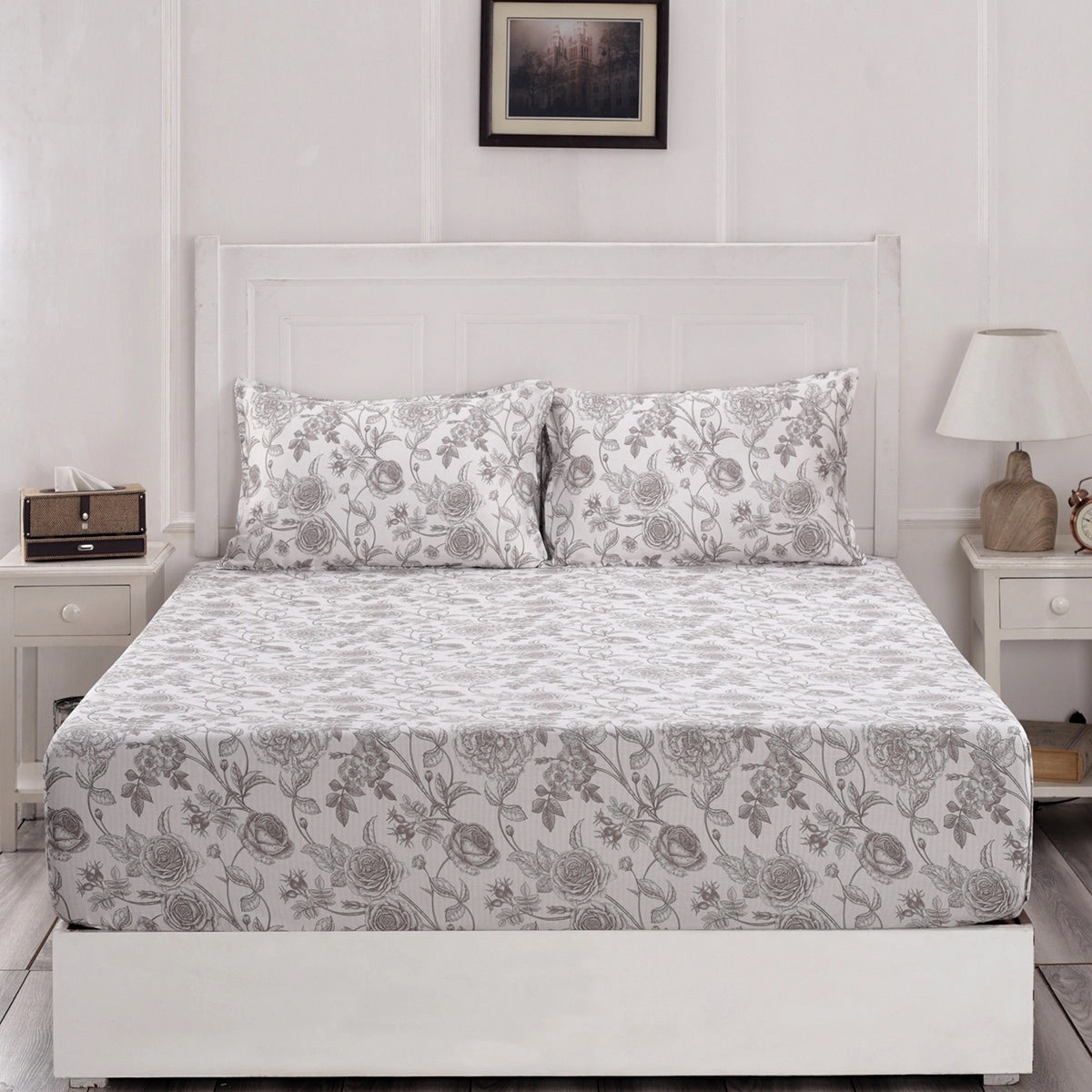Blossom Couture Emma Print Brown Fitted Sheet With Pillow Covers