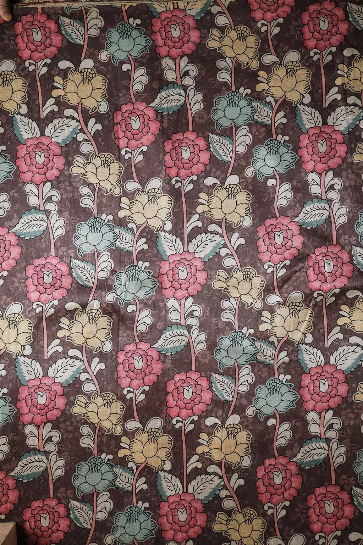 Brown And Pink Floral Pattern Digital Print On Mulberry Silk Fabric
