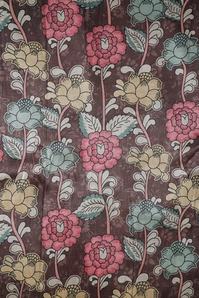 Brown And Pink Floral Pattern Digital Print On Mulberry Silk Fabric