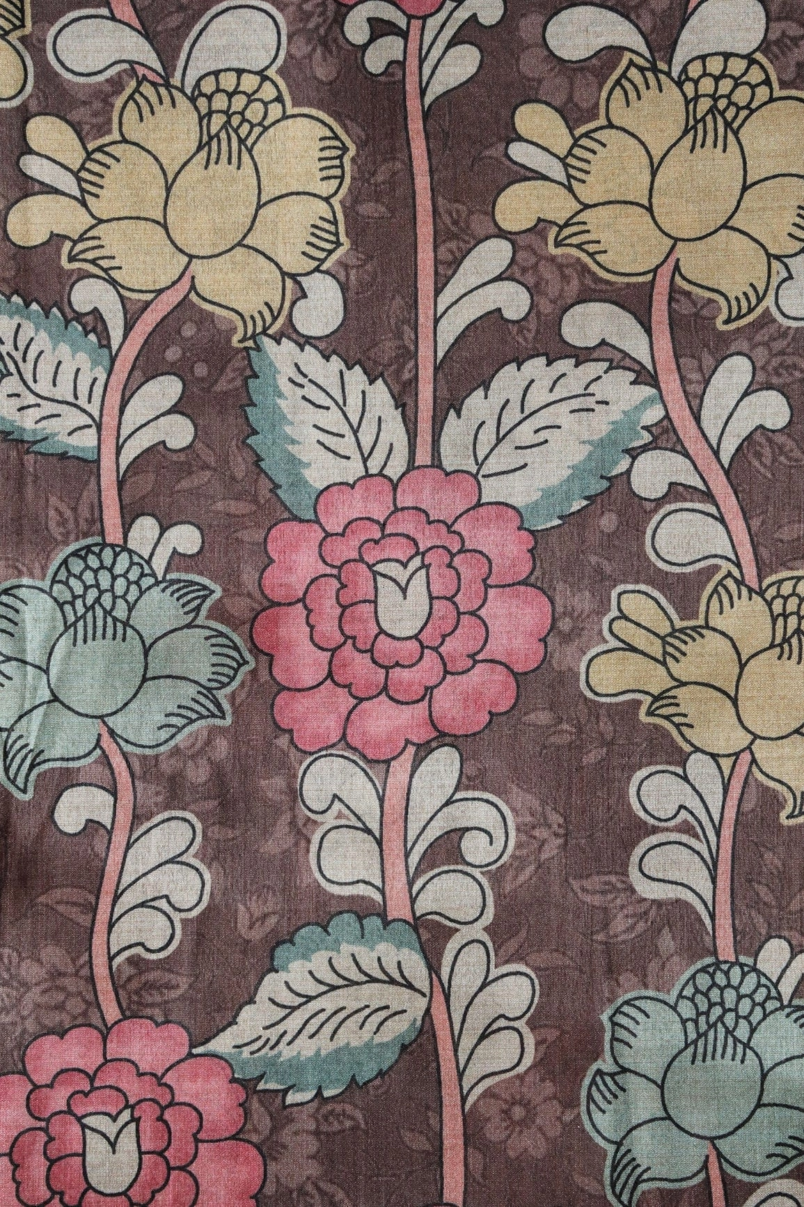 Brown And Pink Floral Pattern Digital Print On Mulberry Silk Fabric