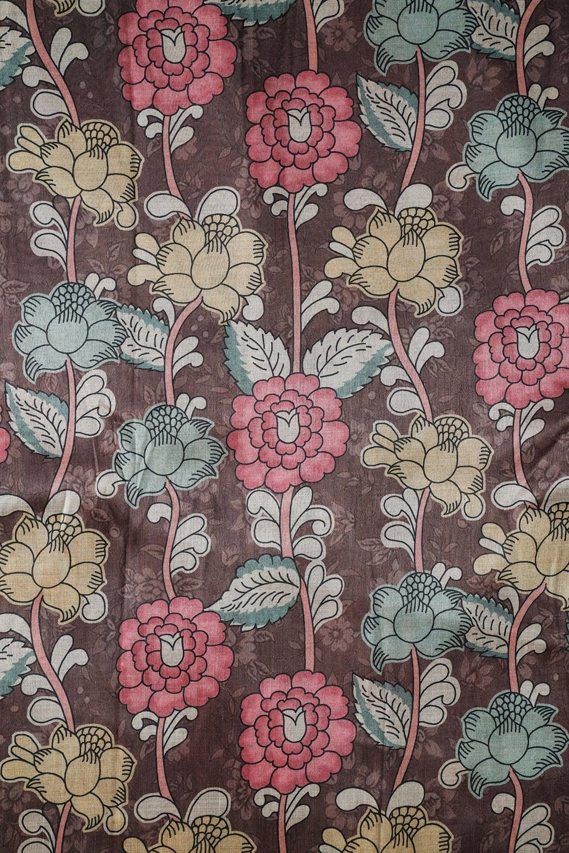 Brown And Pink Floral Pattern Digital Print On Mulberry Silk Fabric