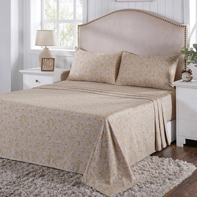 Classical Ornate Seamless Scroll Bed Sheet with Pillow Case Gold