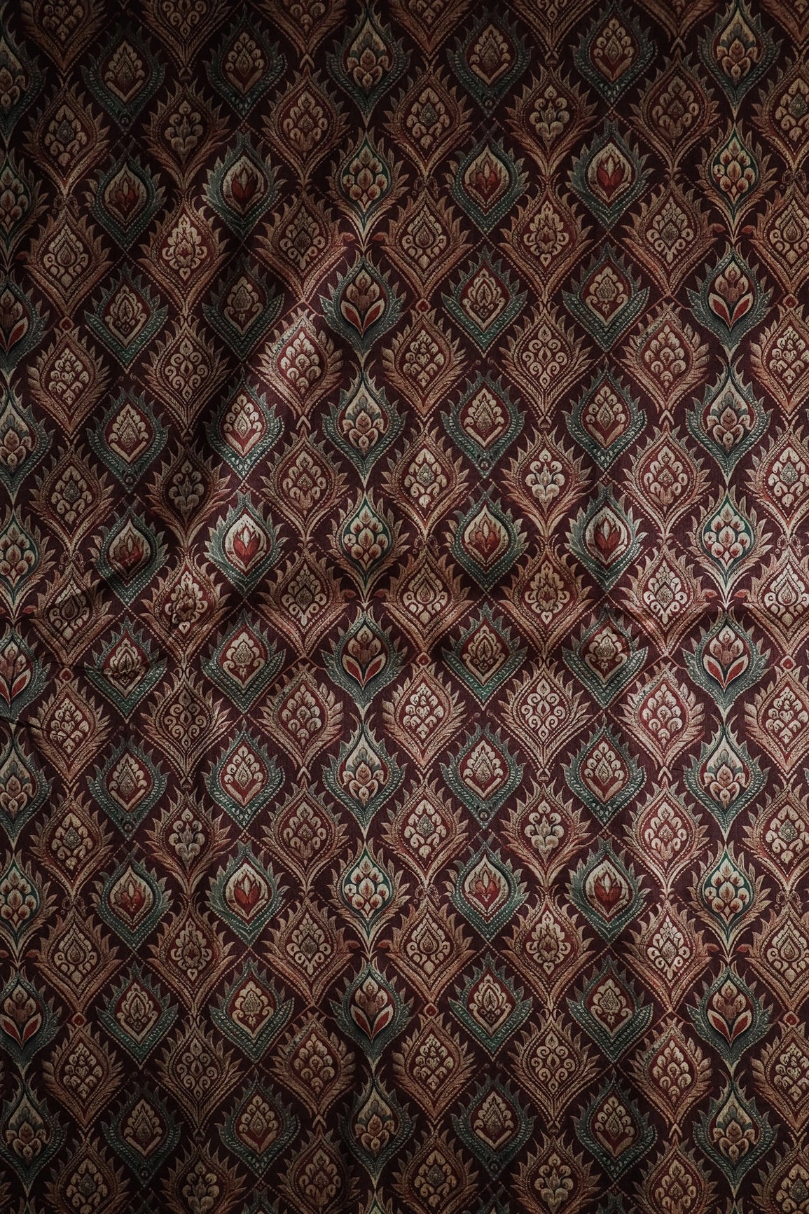 Cream Trellis Pattern Digital Print On Maroon Mulberry Silk Fabric