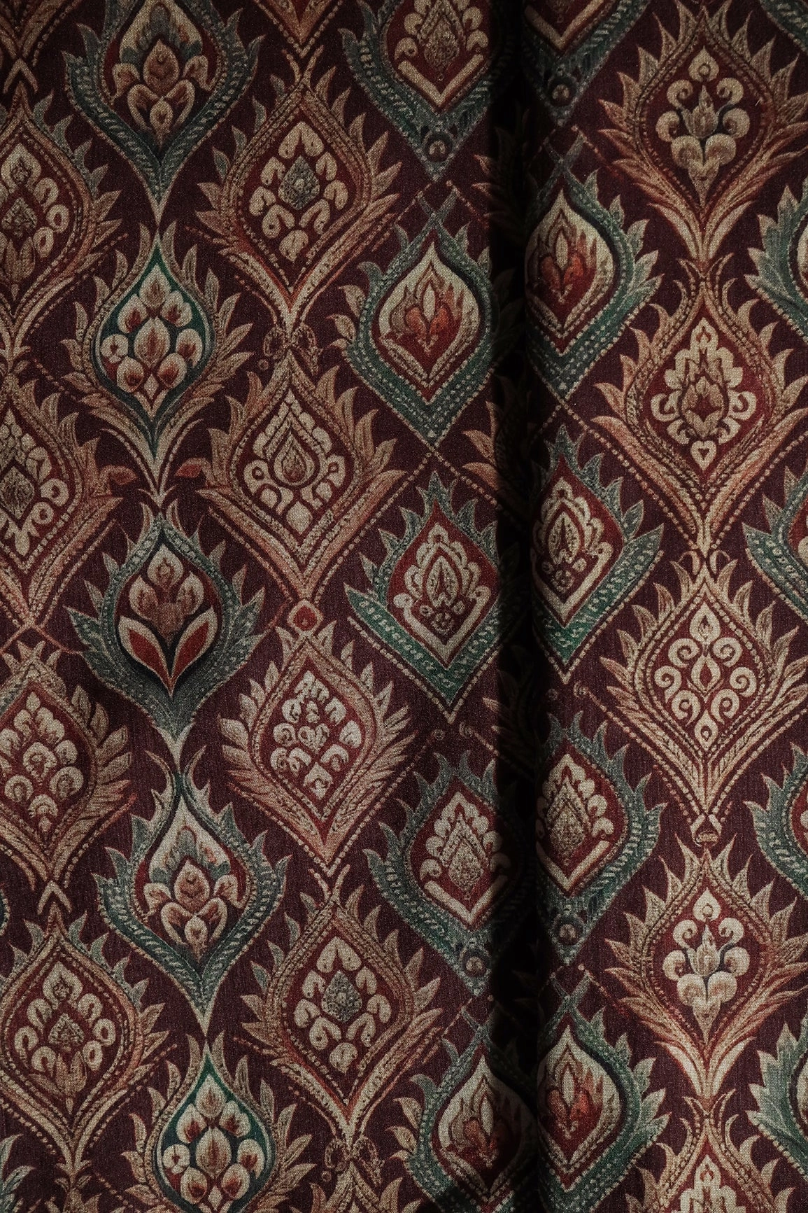 Cream Trellis Pattern Digital Print On Maroon Mulberry Silk Fabric