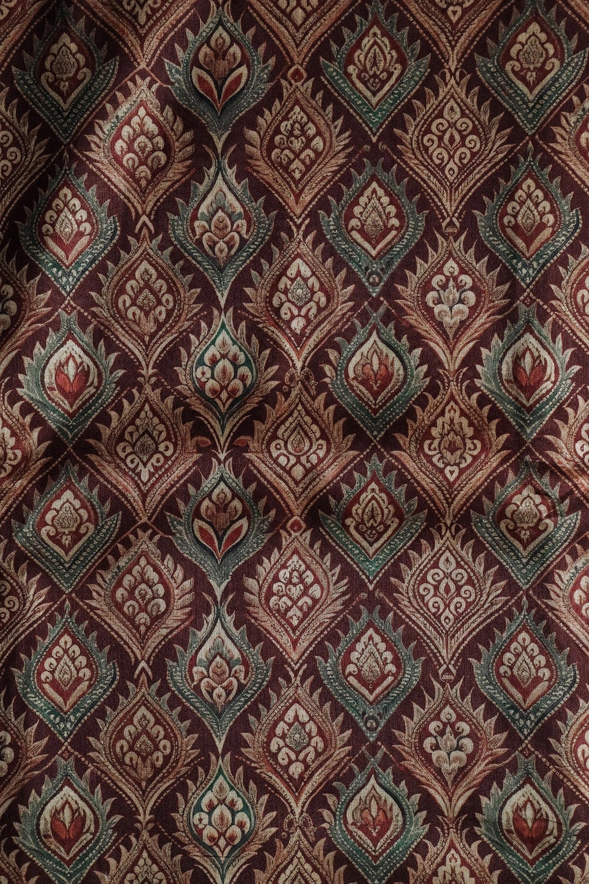 Cream Trellis Pattern Digital Print On Maroon Mulberry Silk Fabric