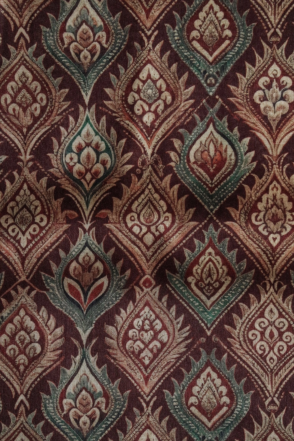 Cream Trellis Pattern Digital Print On Maroon Mulberry Silk Fabric