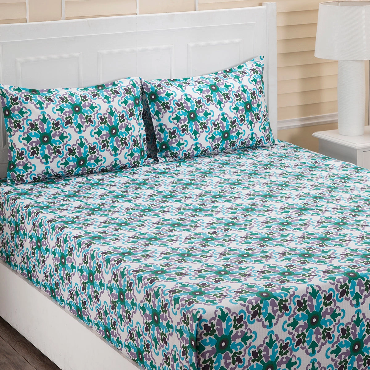 Donatella Cadence Printed 144TC 100% Cotton Blue Bed Sheet with Pillow Case