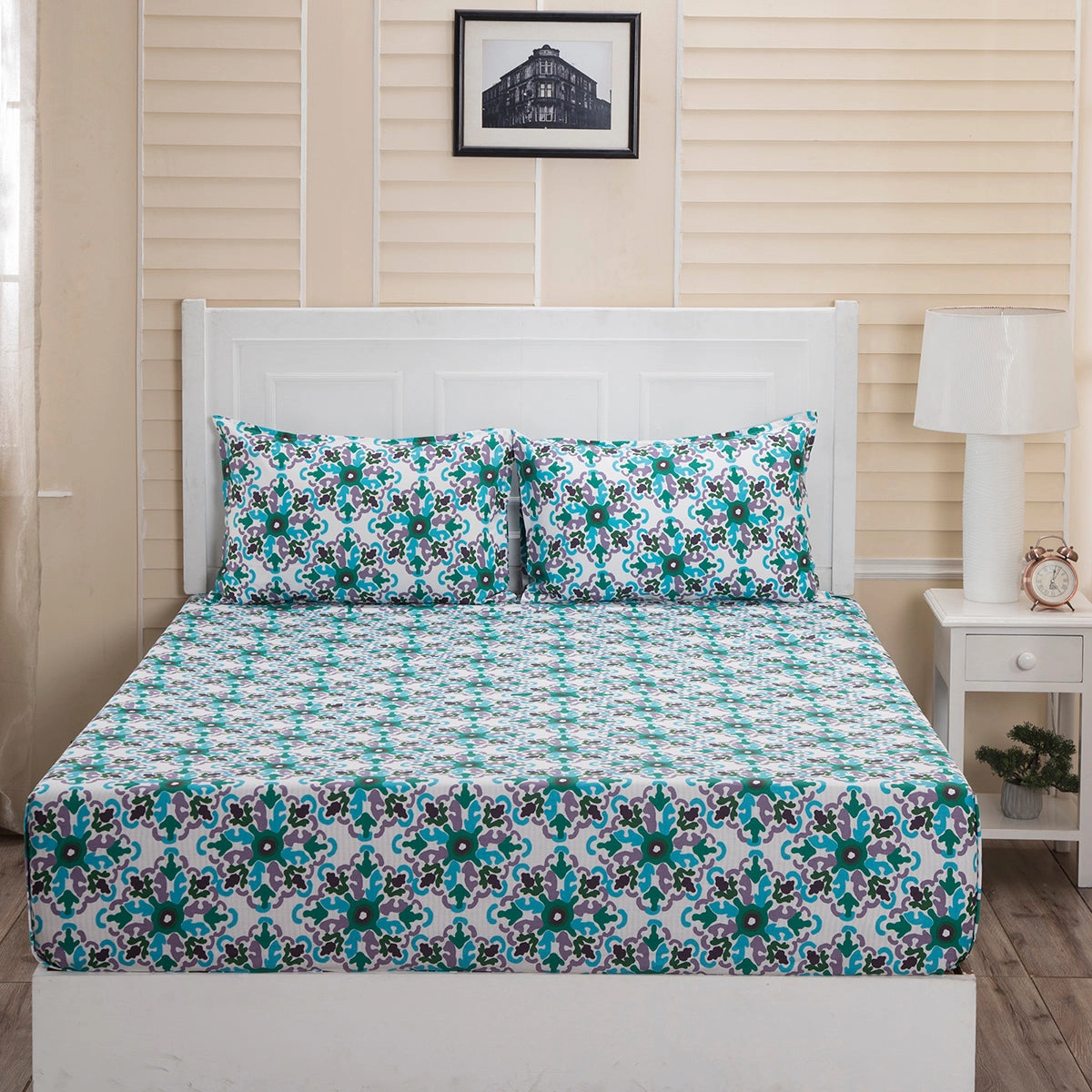 Donatella Cadence Printed 144TC 100% Cotton Blue Bed Sheet with Pillow Case