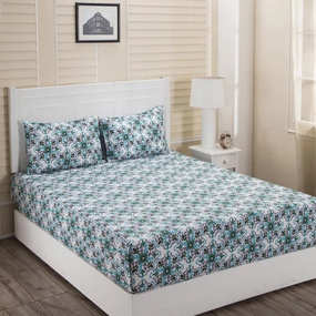 Donatella Cadence Printed 144TC 100% Cotton Blue Bed Sheet with Pillow Case