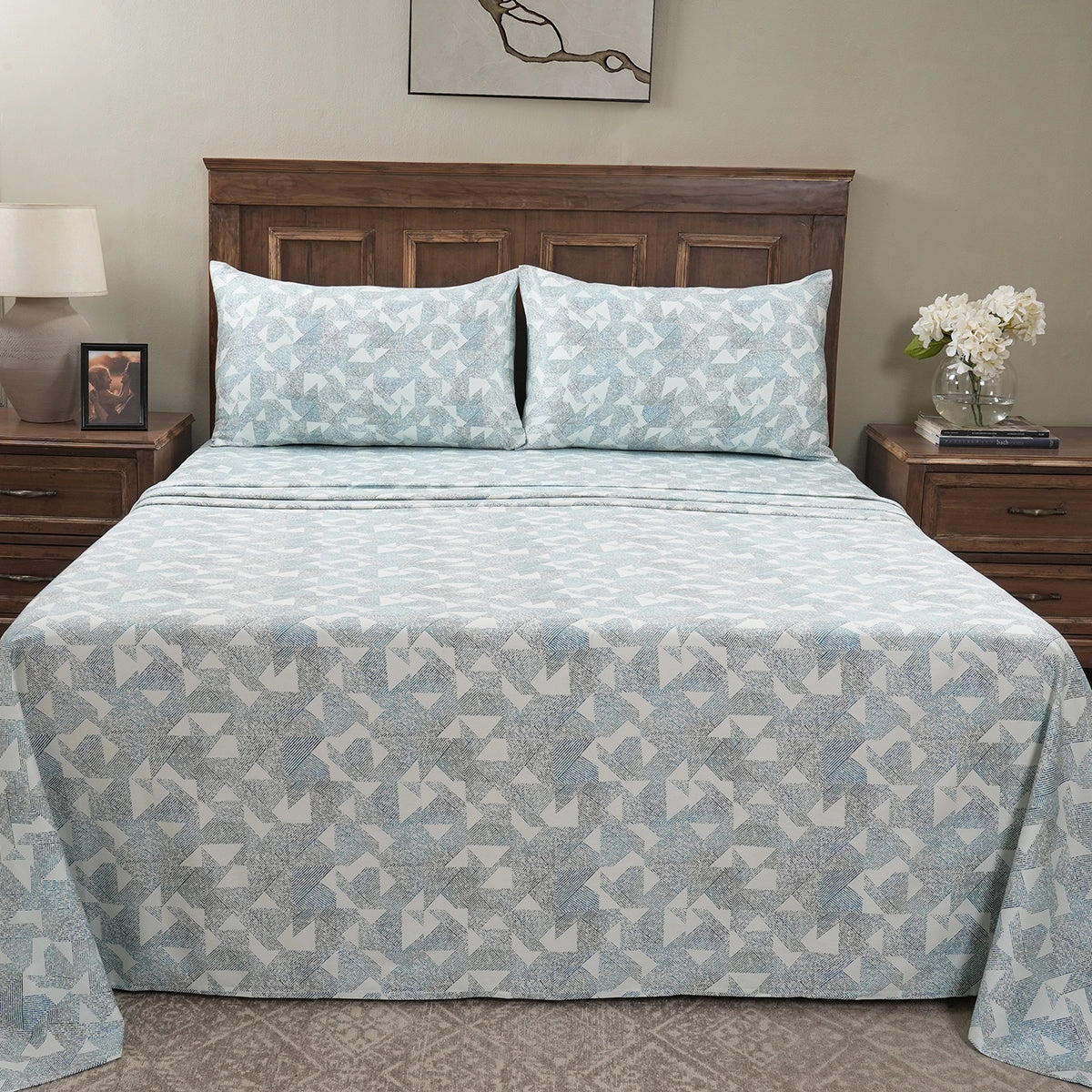 Eclectic Geo Triangle Digital Print 100% Cotton Blue Bed Sheet with Pillow Case