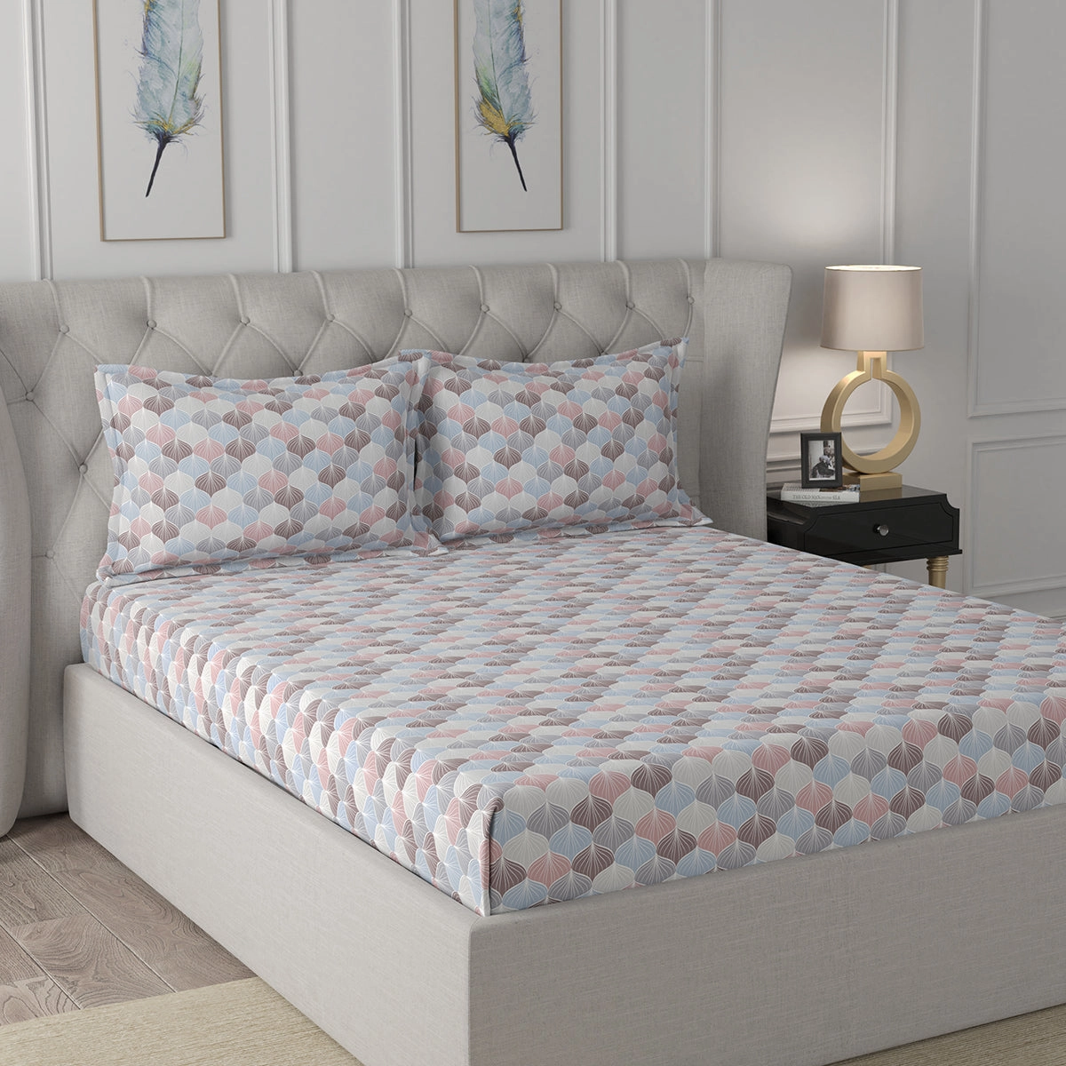 Florescence Boston Printed 100% Cotton Blue Bed Sheet