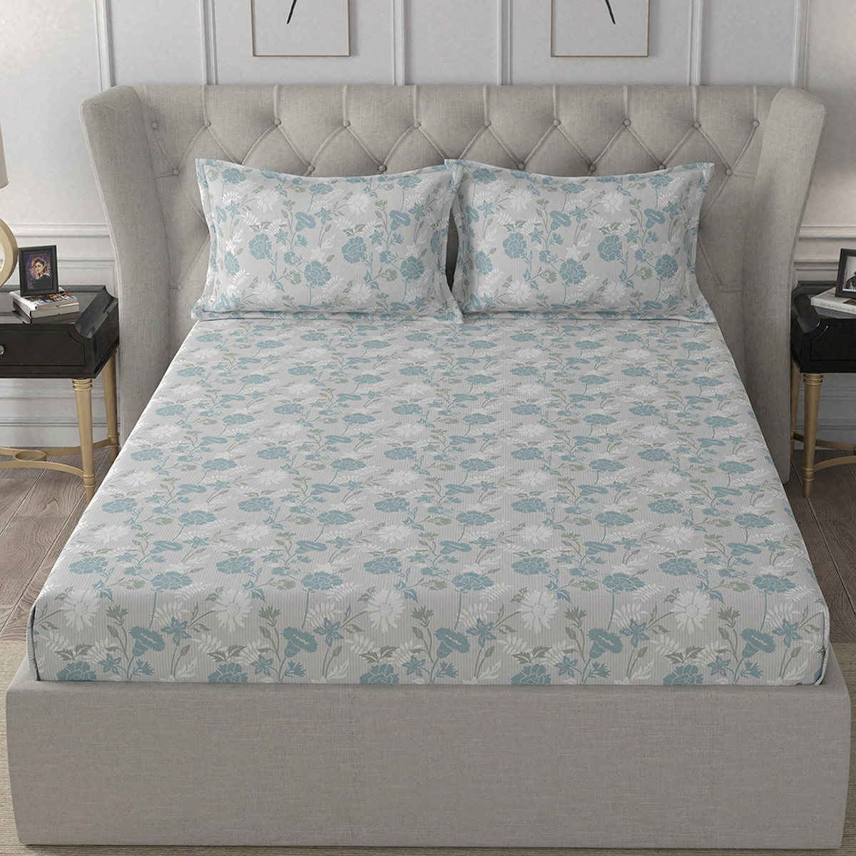 Florescence Briar Print Blue Fitted Sheet With Pillow Covers