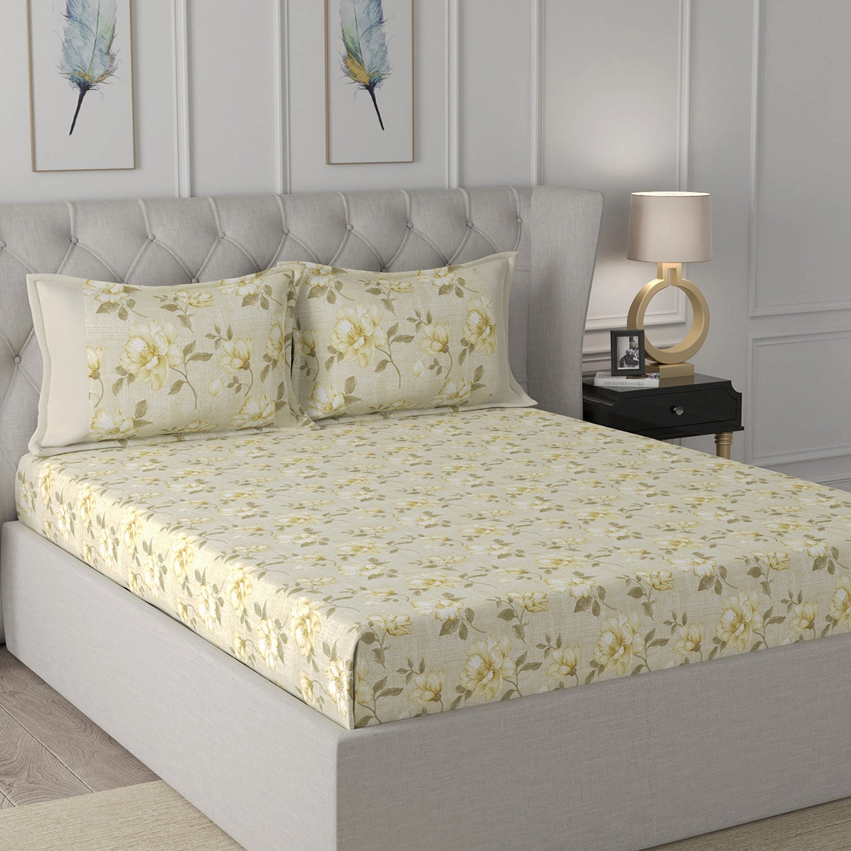 Florescence Caron Printed 100% Cotton Neutral Bed Sheet