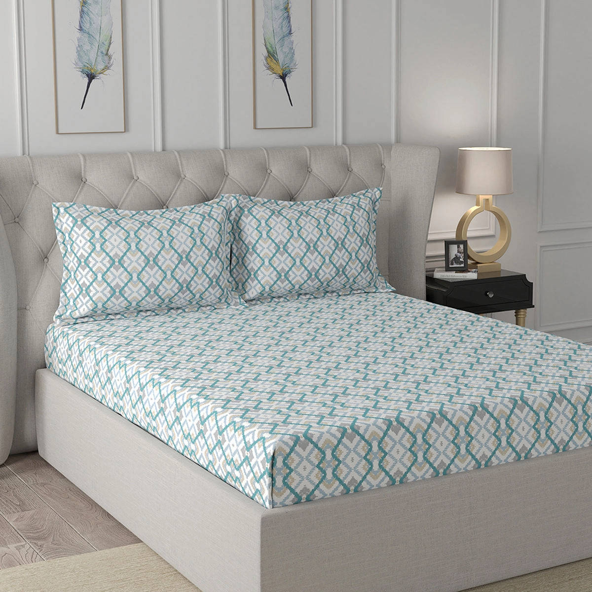 Florescence Cayden Print Blue Fitted Sheet With Pillow Covers