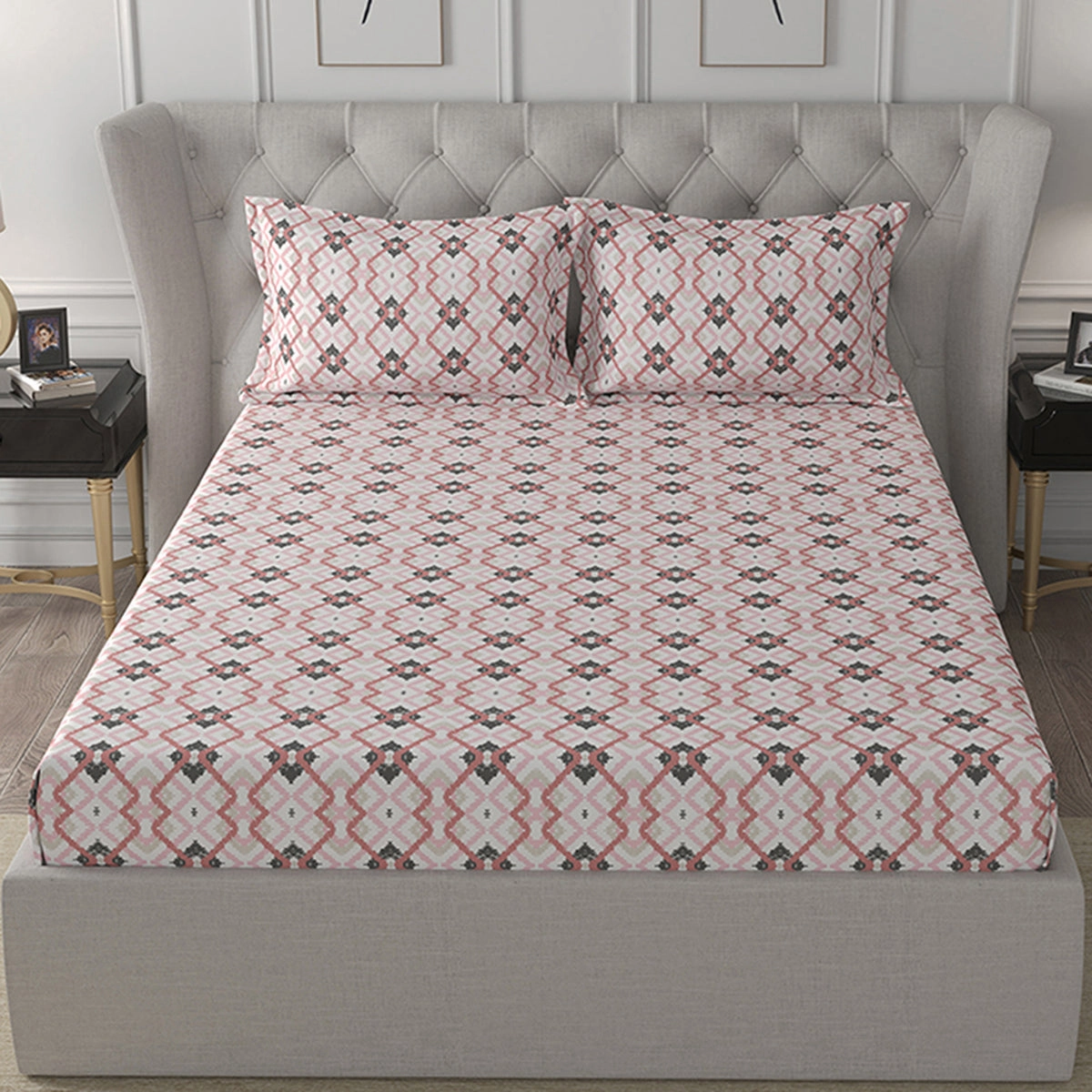 Florescence Cayden Print Red Fitted Sheet With Pillow Covers