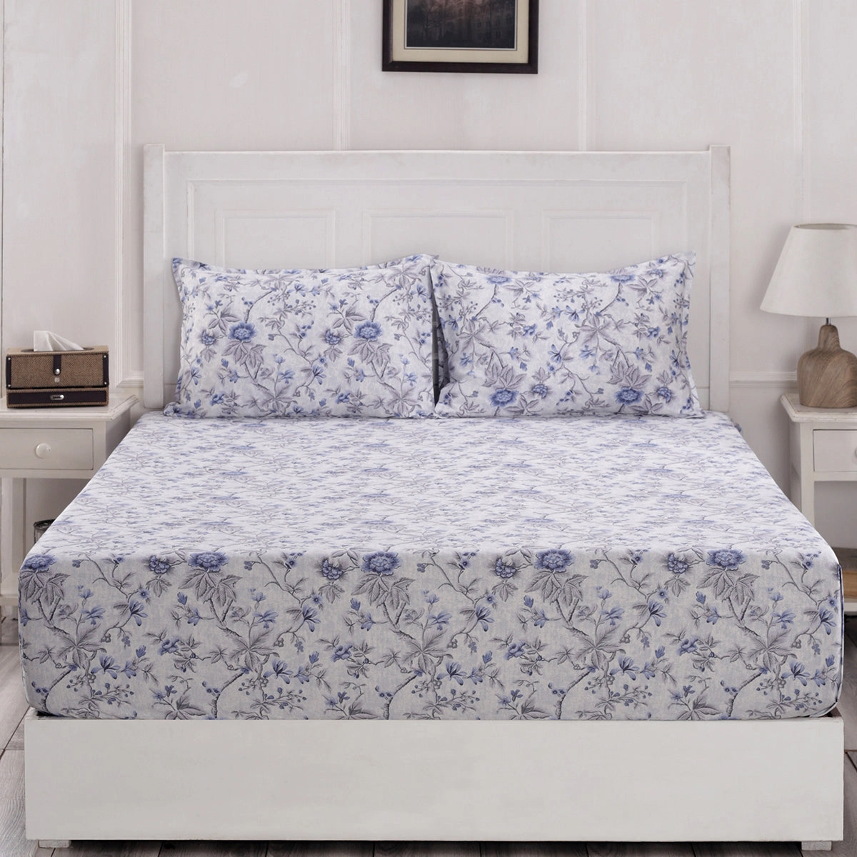 Florescence Juniper Print Blue Fitted Sheet With Pillow Covers