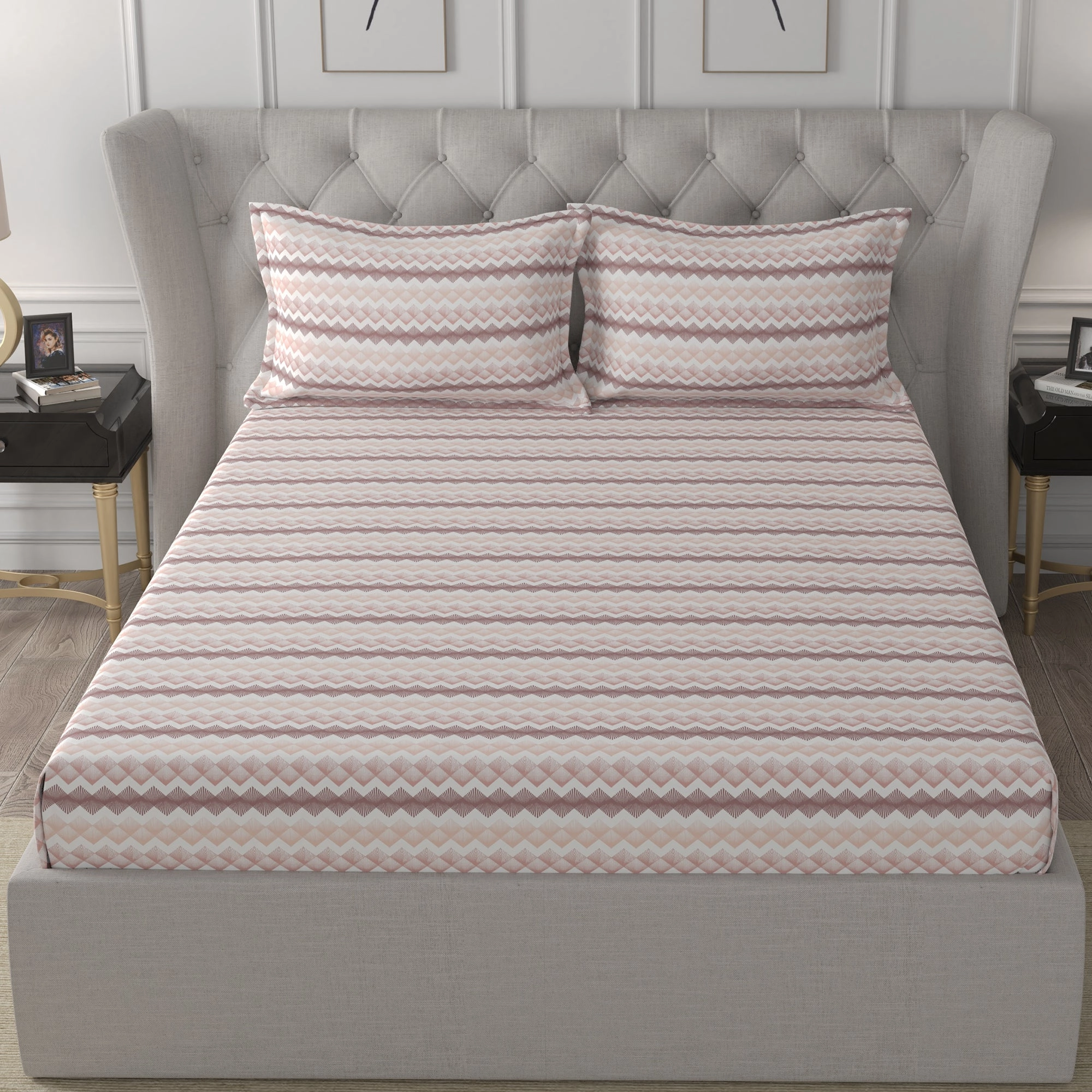 Florescence Livia Printed 100% Cotton Pink Bed Sheet with Pillow Case