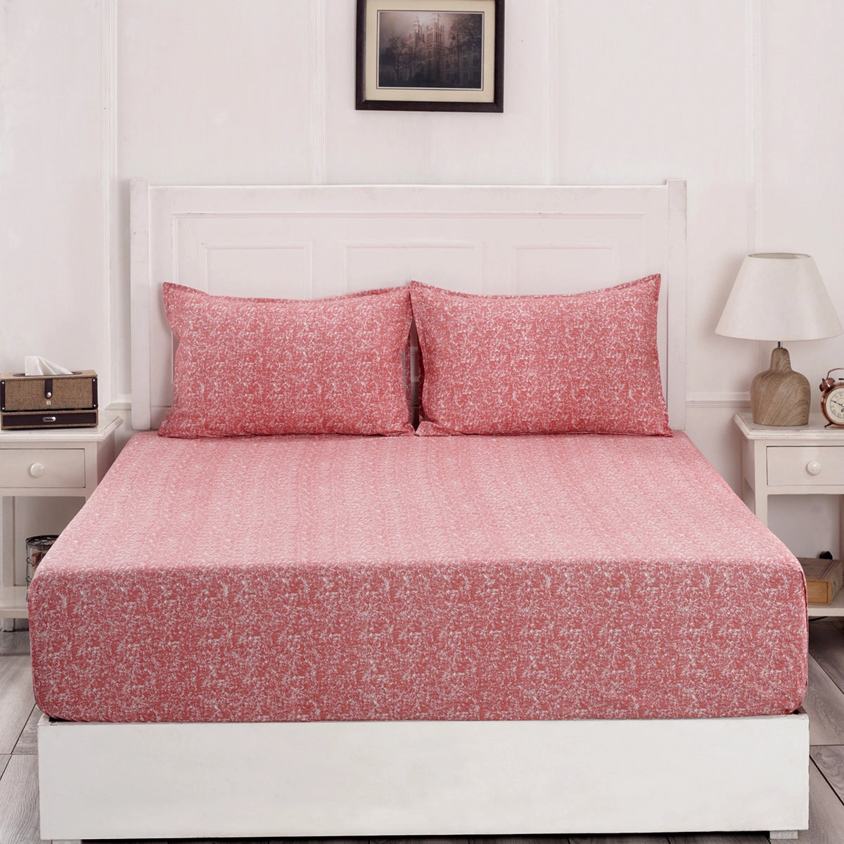 Florescence Texture Print Red Fitted Sheet With Pillow Covers