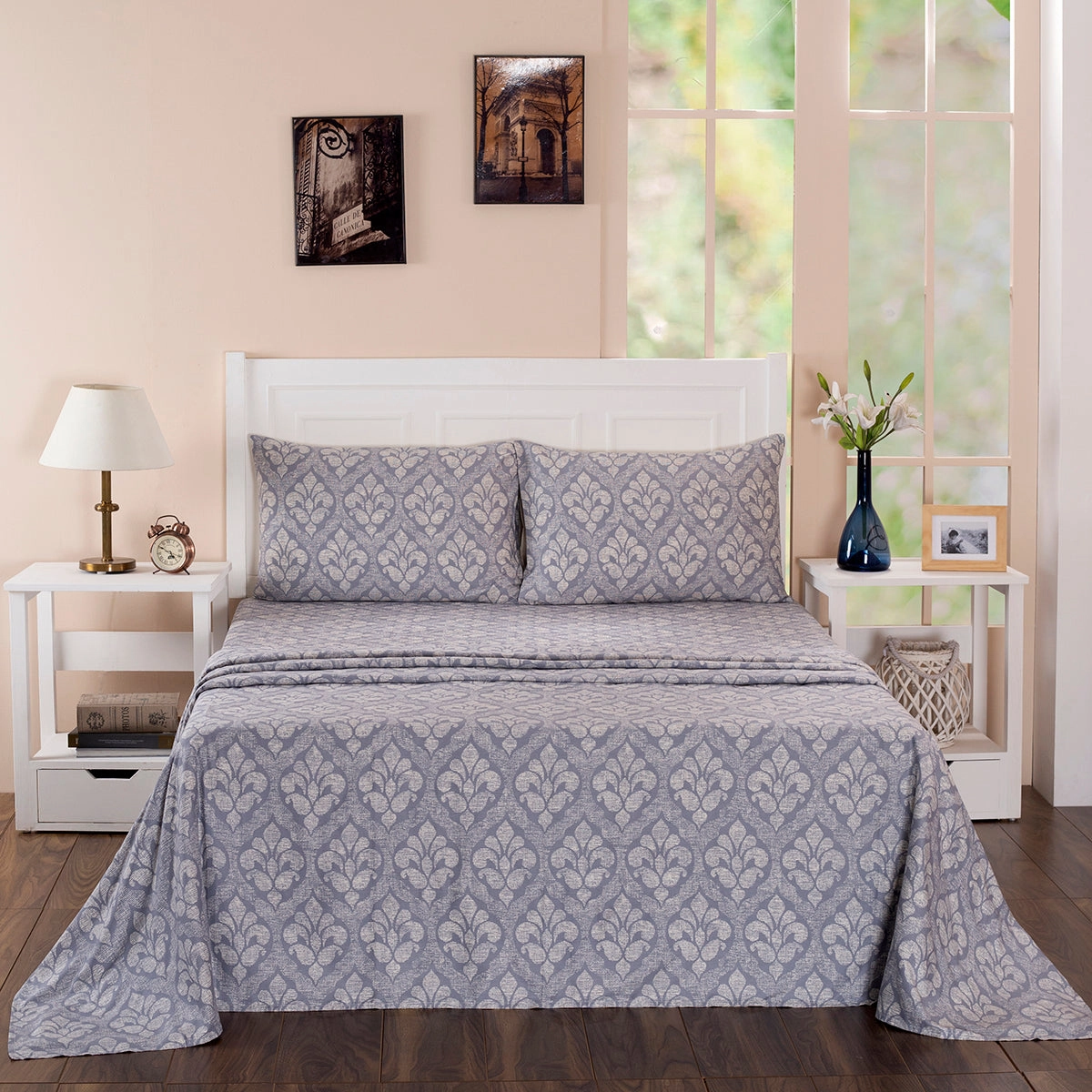 Folklore Transition Diamond Festivity Printed 100% Cotton Blue Ultra Soft Bed Sheet with Pillow Case