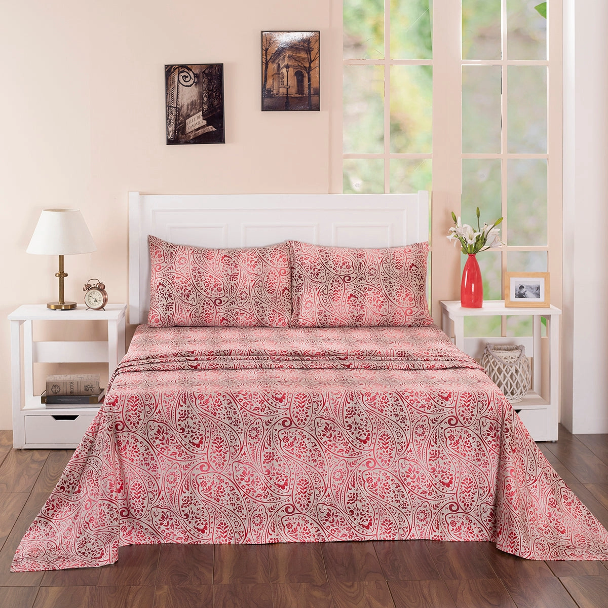 Folklore Transition Ombre Bonanza Printed 100% Cotton Red Ultra Soft Bed Sheet with Pillow Case