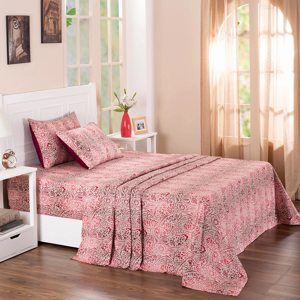 Folklore Transition Ombre Bonanza Printed 100% Cotton Red Ultra Soft Bed Sheet with Pillow Case
