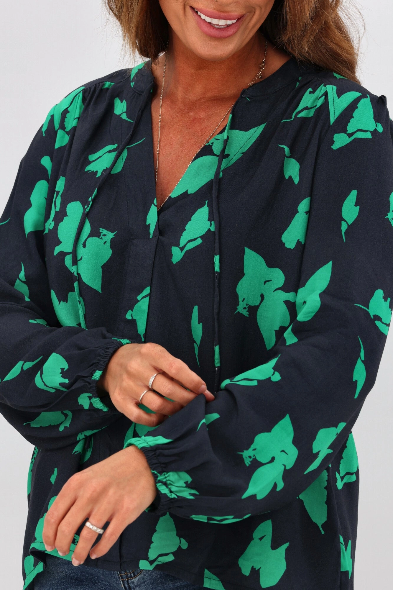 Gloss By Shine On Madelyn Yoke Detail Blouse Navy Green Abstract Floral