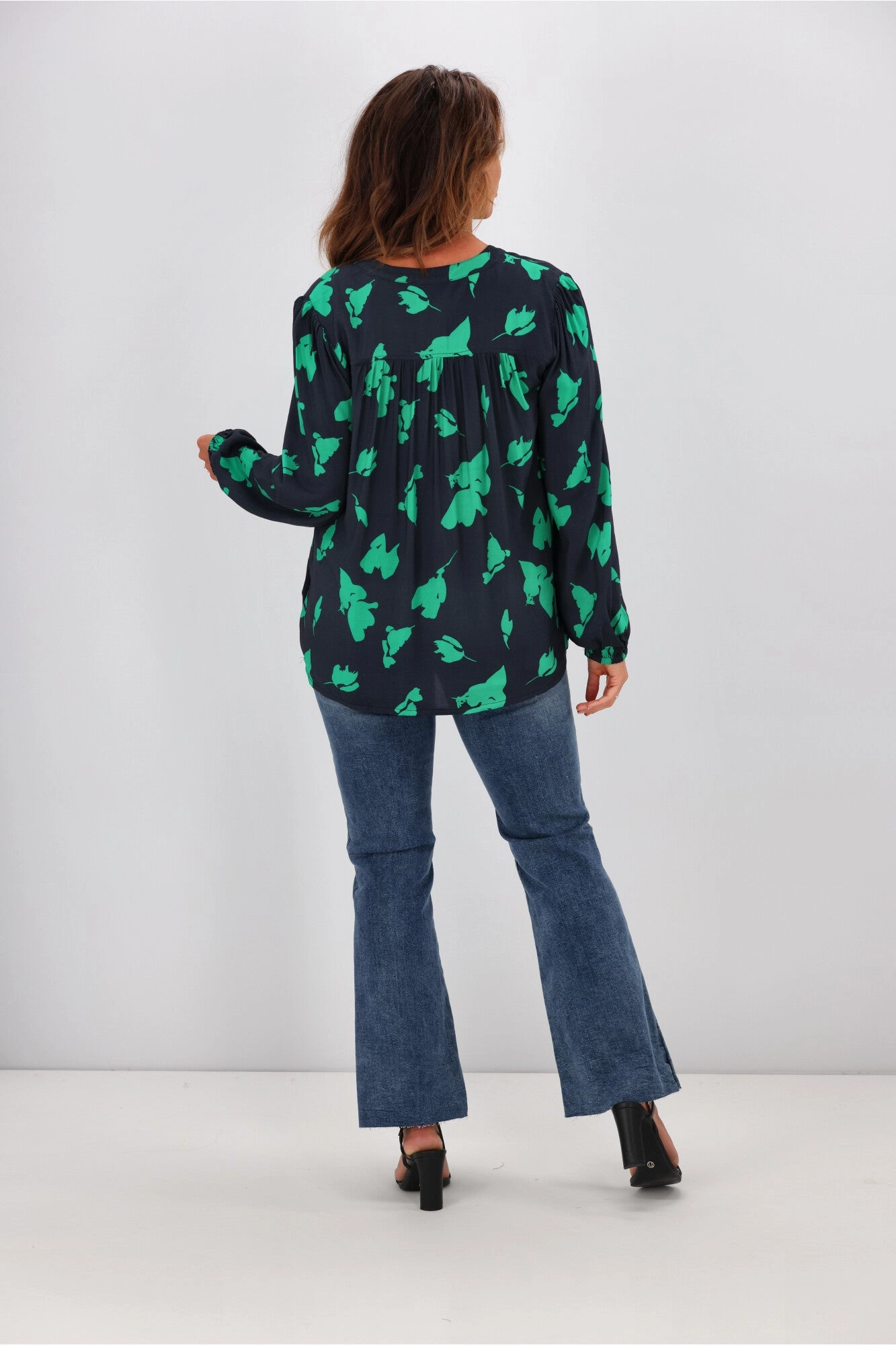 Gloss By Shine On Madelyn Yoke Detail Blouse Navy Green Abstract Floral