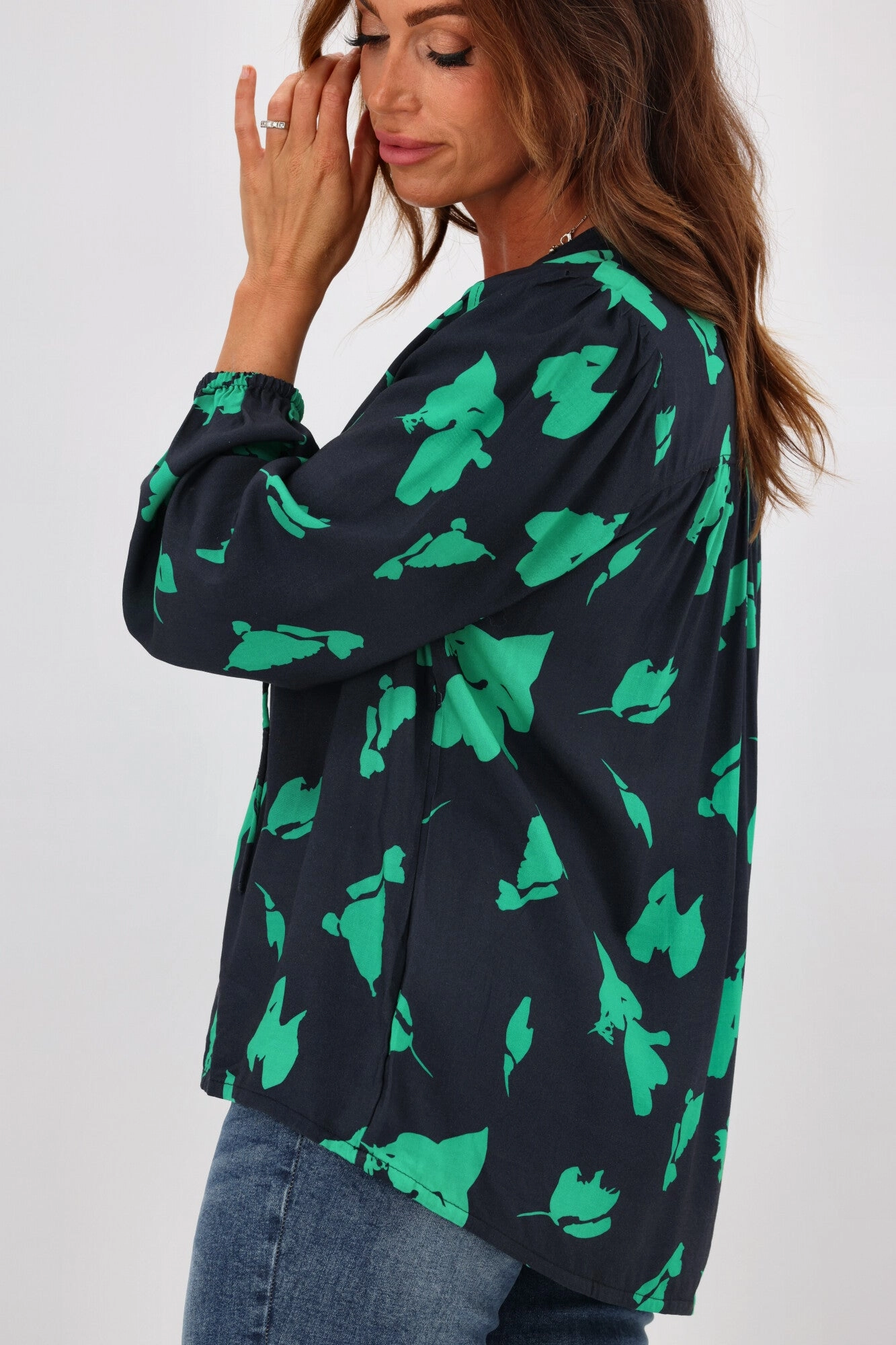 Gloss By Shine On Madelyn Yoke Detail Blouse Navy Green Abstract Floral