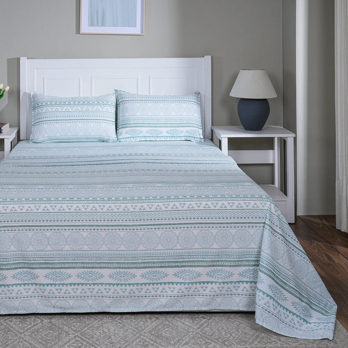 Hermosa Sensory Bloom Allegra 100% Cotton Printed Bed Sheet with Pillow Case Teal