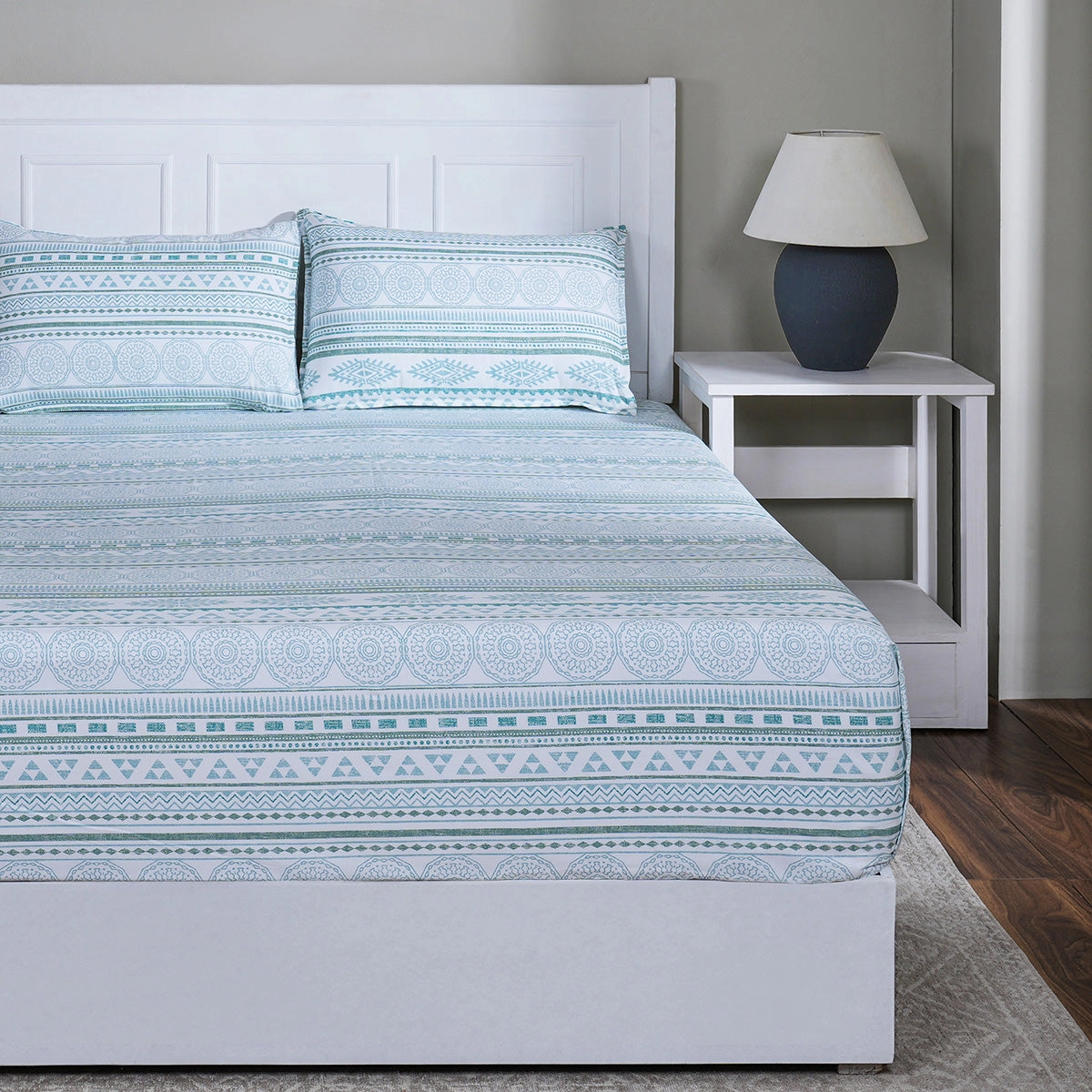 Hermosa Sensory Bloom Allegra 100% Cotton Printed Fitted Sheet with Pillow Case Blue