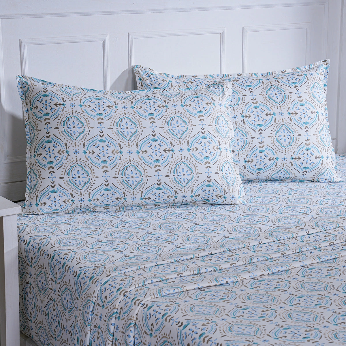 Hermosa Sensory Bloom Avery 100% Cotton Printed Bed Sheet with Pillow Case Blue