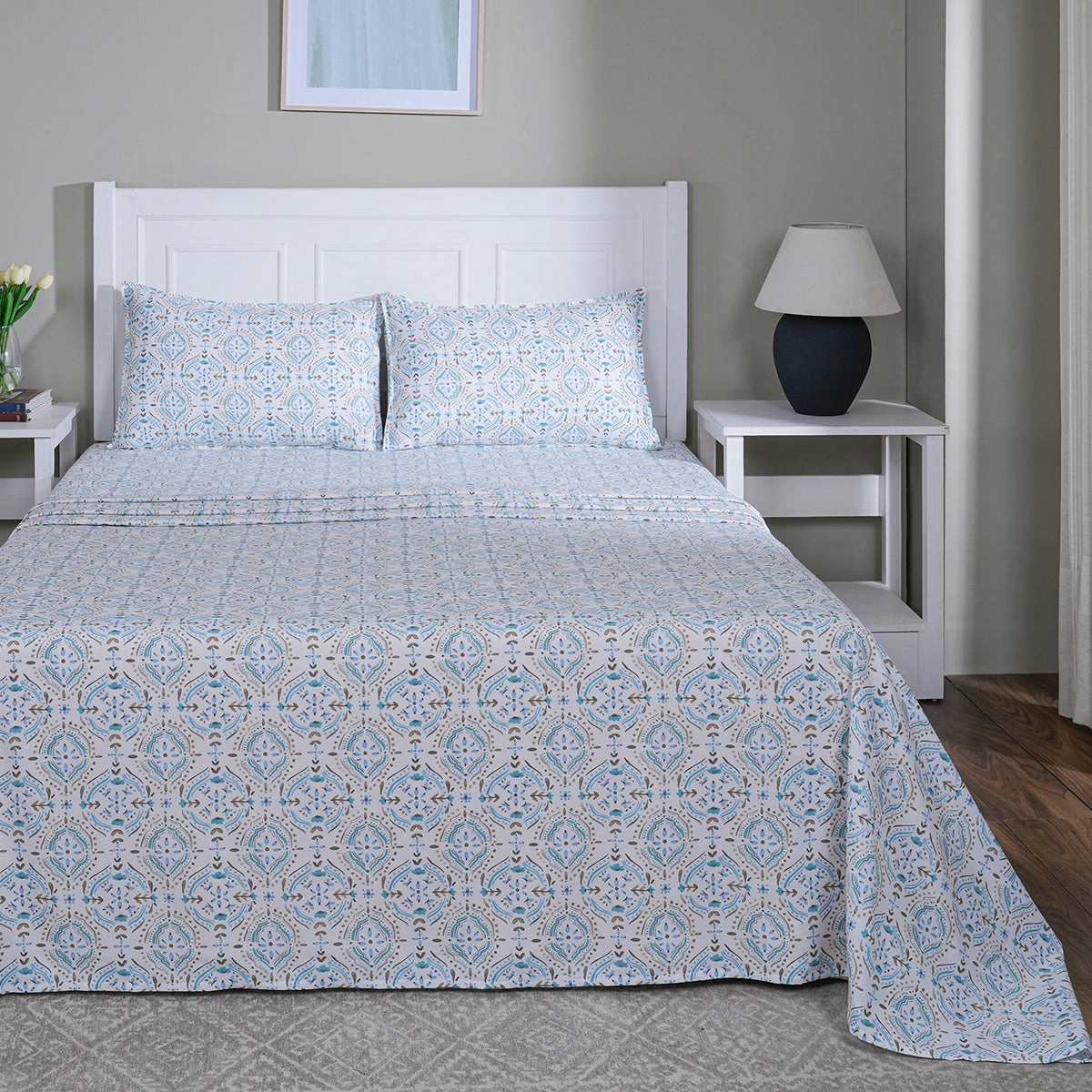 Hermosa Sensory Bloom Avery 100% Cotton Printed Bed Sheet with Pillow Case Blue