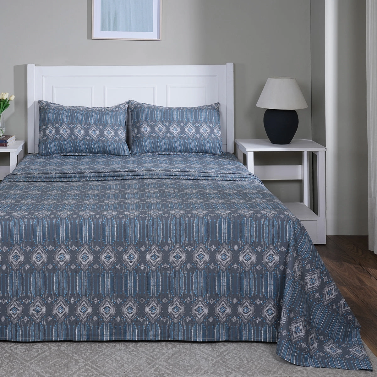 Hermosa Sensory Bloom Gareth 100% Cotton Printed Bed Sheet with Pillow Case Blue