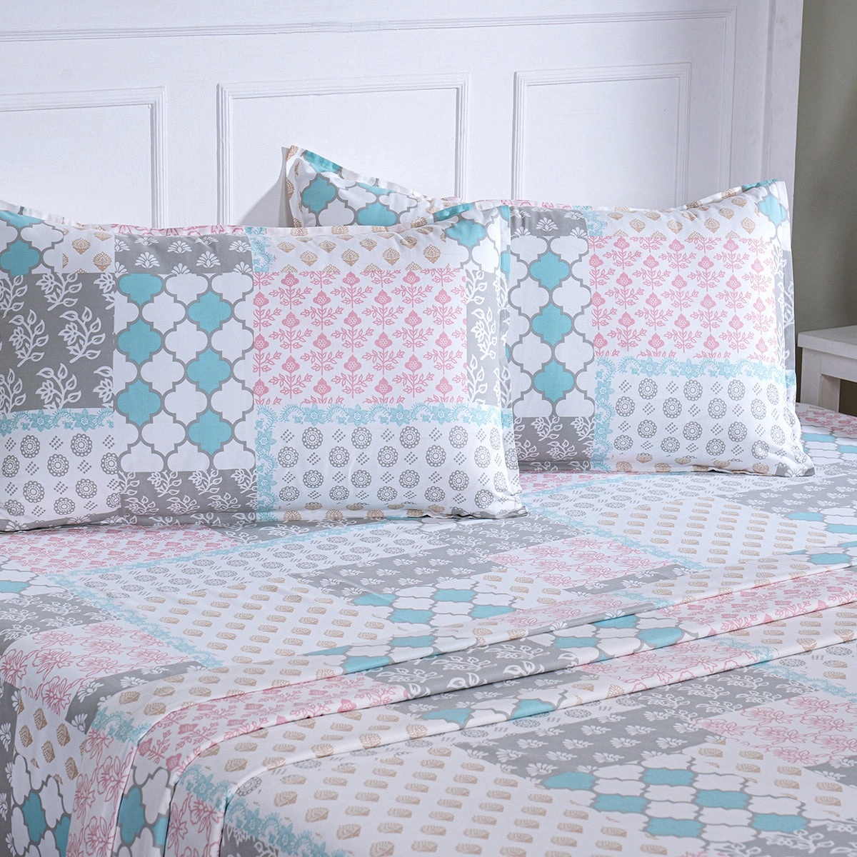 Hermosa Sensory Bloom Lennon 100% Cotton Printed Bed Sheet with Pillow Case Aqua