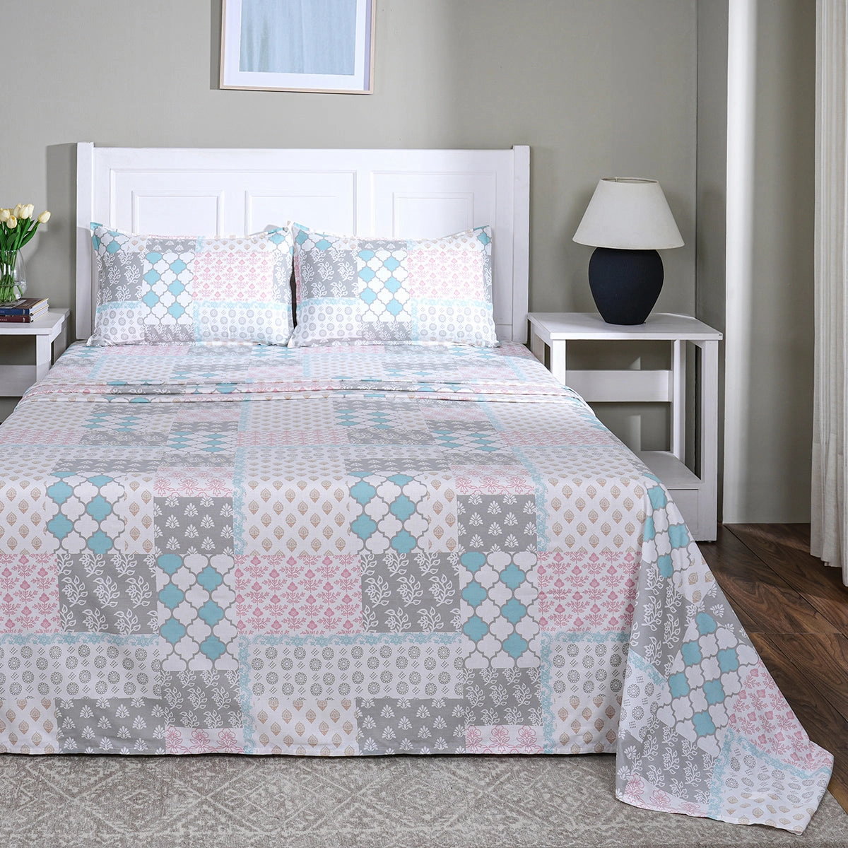 Hermosa Sensory Bloom Lennon 100% Cotton Printed Bed Sheet with Pillow Case Aqua