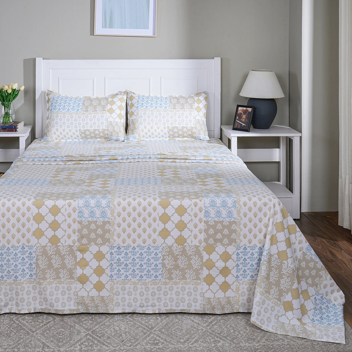 Hermosa Sensory Bloom Lennon 100% Cotton Printed Bed Sheet with Pillow Case Mustard